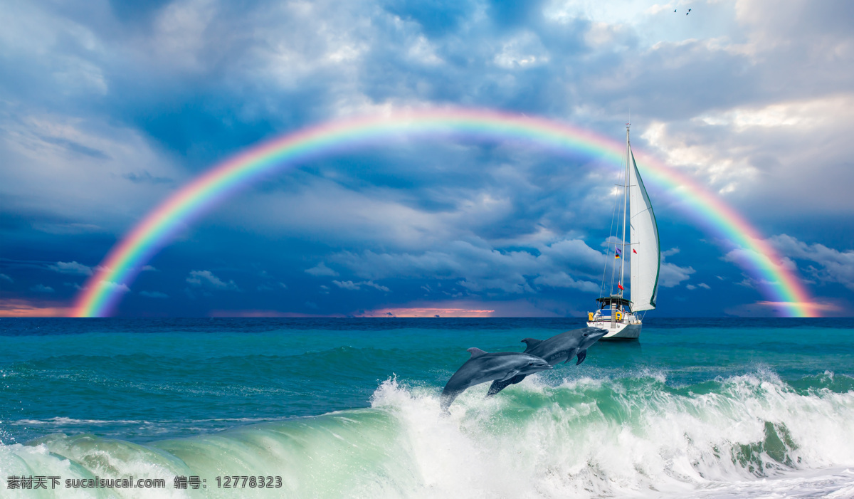 大海 帆船 彩虹 海豚 海水 海浪 浪花 蓝天 白云 天空 唯美 海景 船只 海上帆船 海洋生物 动物 大海风光 海洋 自然景观 自然风景