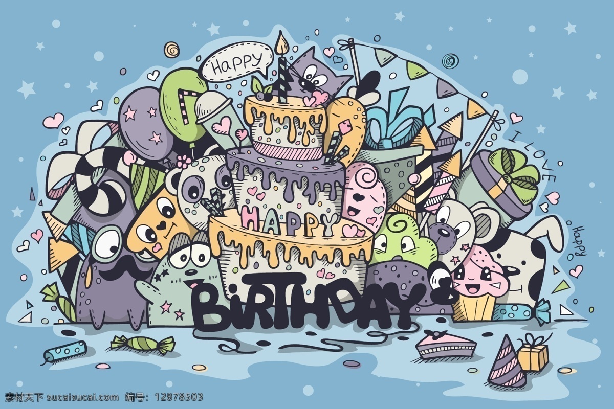 可爱 卡通 生日蛋糕 背景 创意 生日 蛋糕 底纹 涂鸦 动物