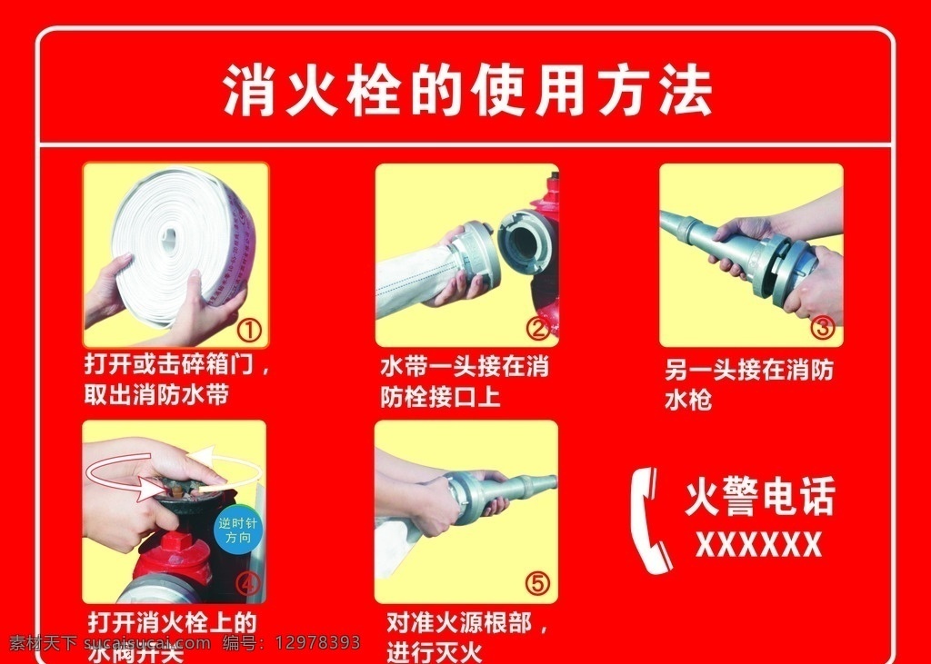 消火栓 使用方法 消防标示牌 消防水带 防水枪 水阀 消火栓使用