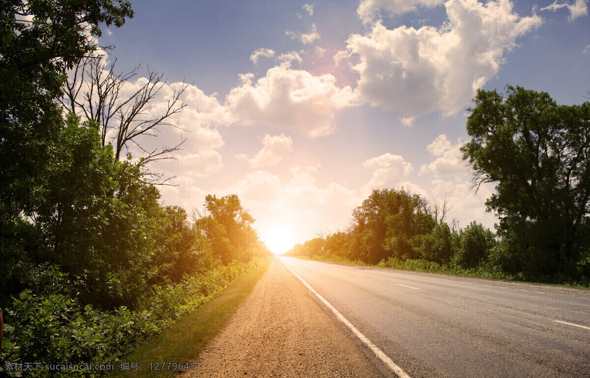 傍晚 夕阳 下 道路 蓝天 白云 落日 树 植物 公路 公路图片 环境家居