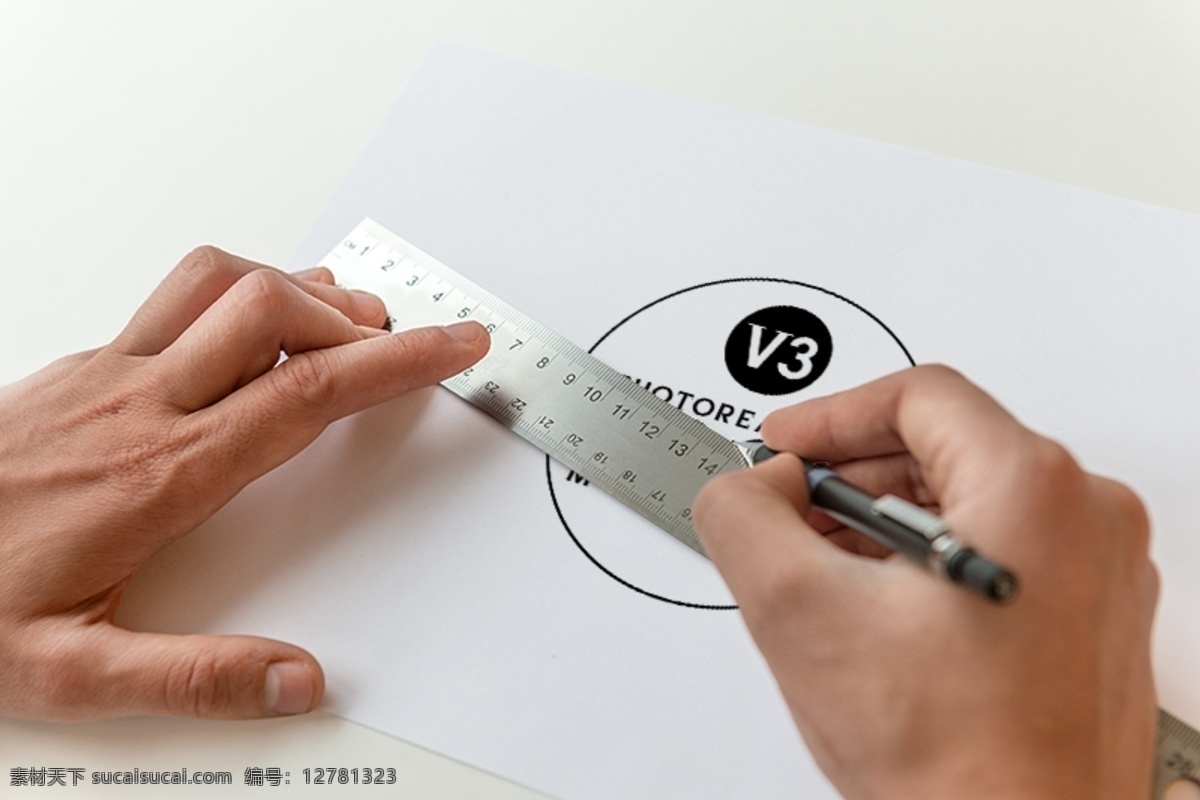 个性 手绘 logo 效果 贴图 模板 标志提案效果 分层 源文件 含 智能 对象 图 层 可一键编辑 直尺 铅笔 手绘效果 白色