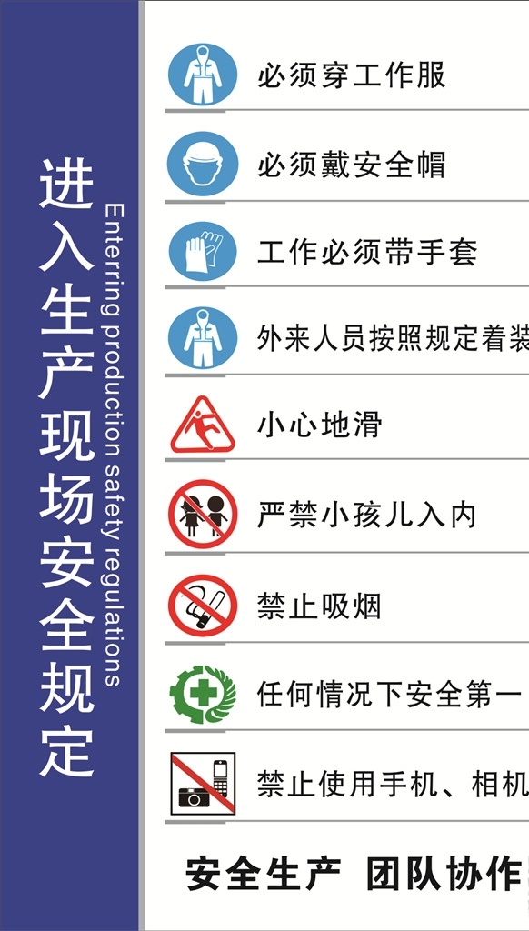 进入 生产 现场 安全 规定 必须穿工作服 工作现场规定 必须带手套 小心地滑 禁止吸烟