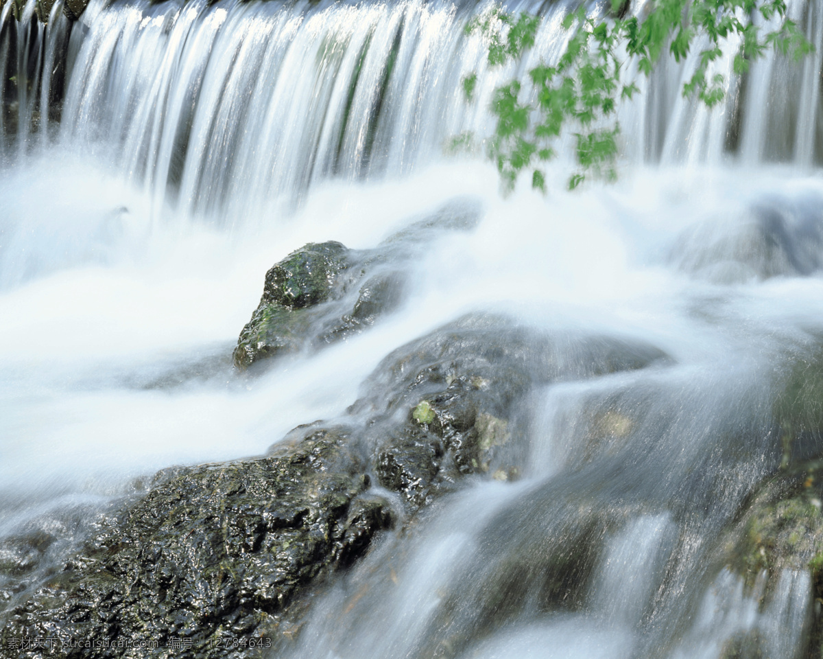 山水 瀑布 风景 高清 绿树 河水 水 蓝天 山脉