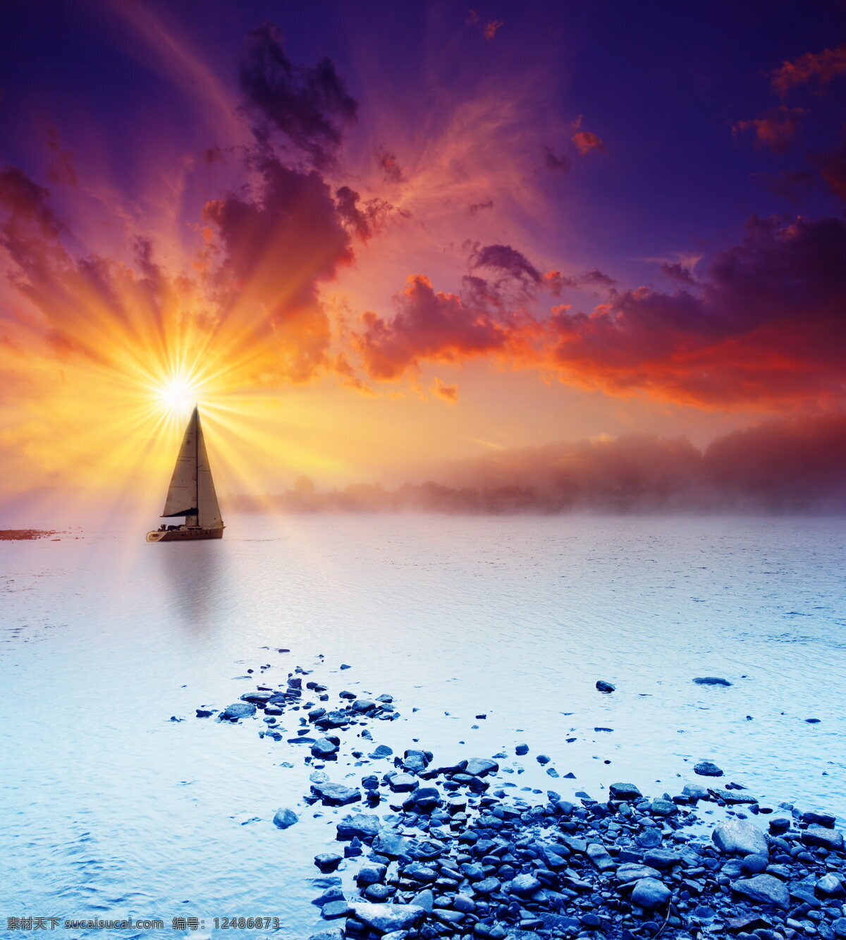 夕阳 海边 唯美 意境 帆船 黄昏 蓝色
