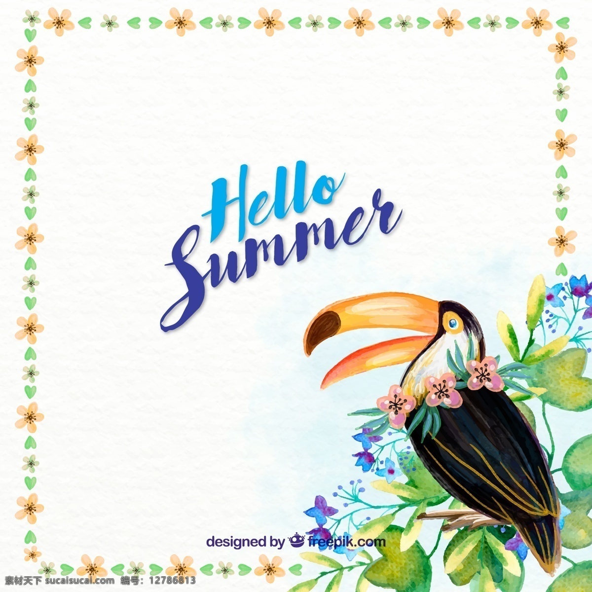 彩绘 夏季 犀鸟 花卉 矢量 彩色 水彩 手绘 动物 夏天 花朵 插画