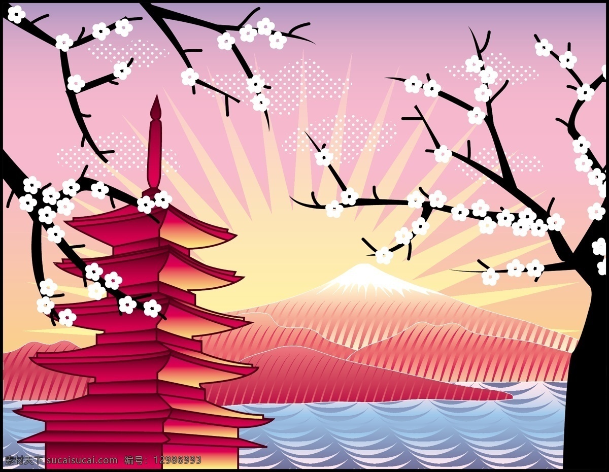 卡通 标志 矢量 樱桃 地标 景观 富士山 白色
