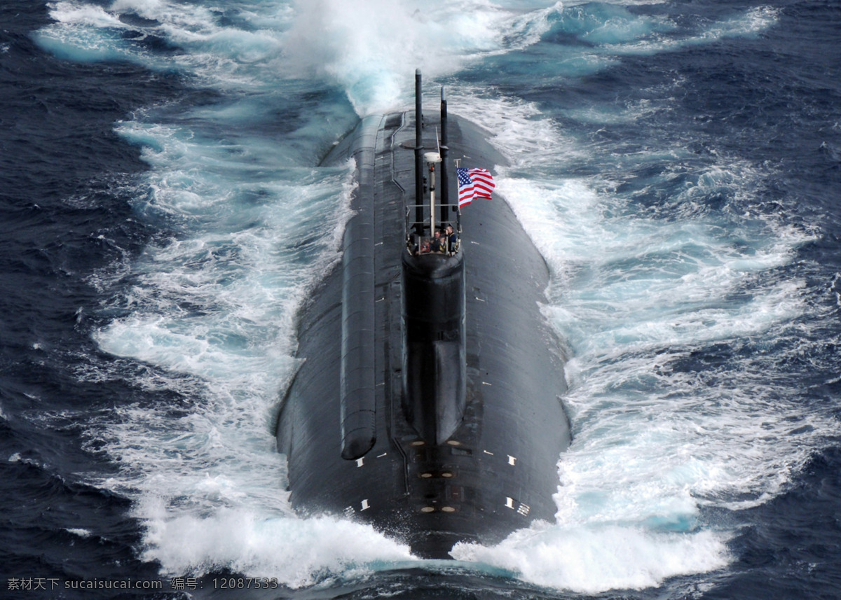 海狼 级 核动力 攻击型 潜艇 军事武器 海狼级 攻击型潜艇 核潜艇 水面 水花 游弋 星条旗 水兵 现代科技