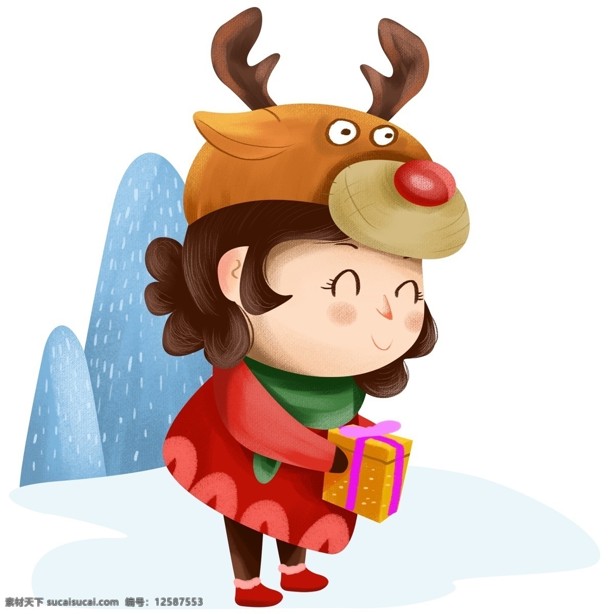 圣诞节 卡通 手绘 插画 圣诞节快乐 圣诞夜 收礼物 驯鹿 驯鹿女孩 圣诞人物手绘 圣诞节人物 圣诞