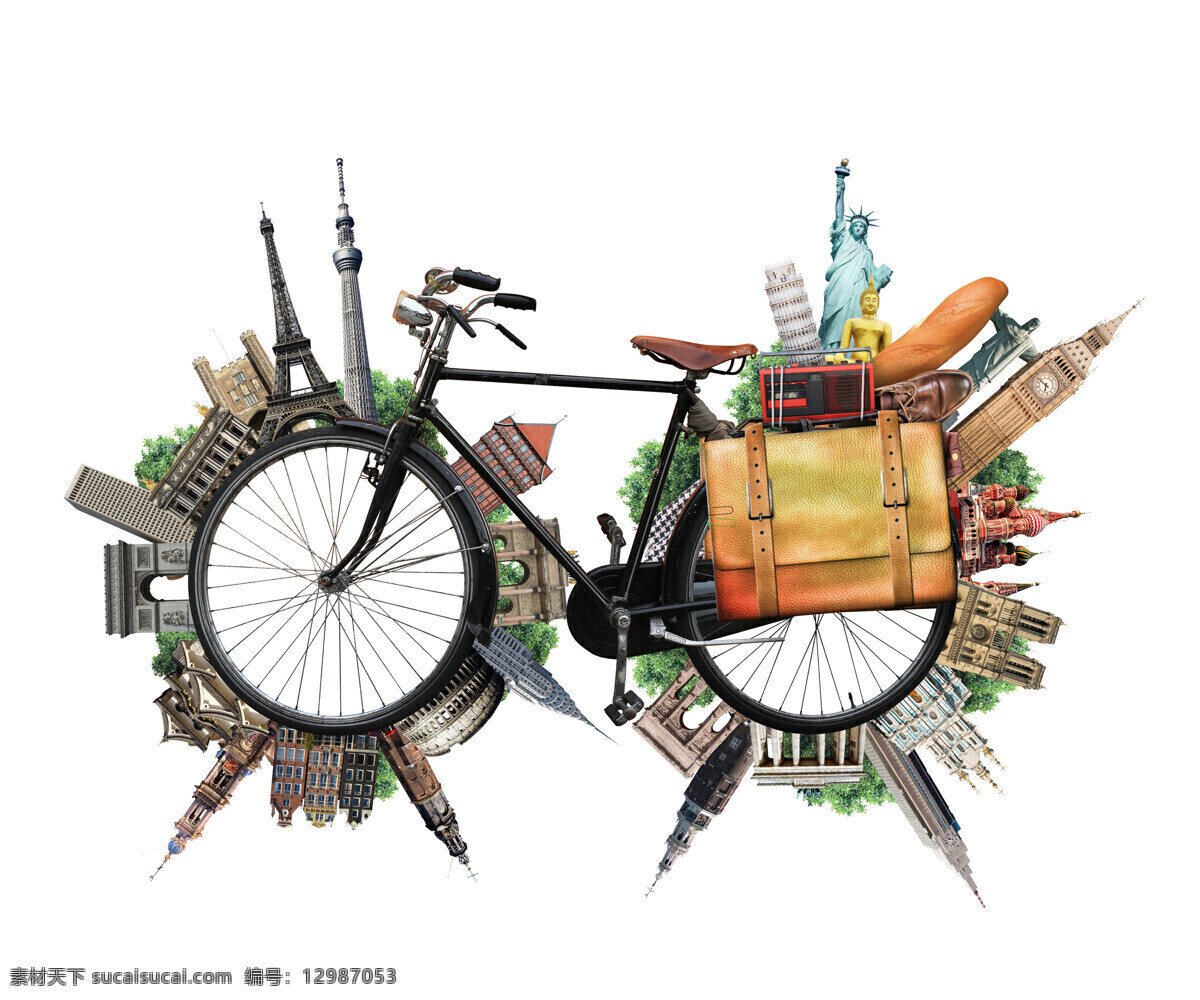 自行车 著名 建筑物 行李箱 旅行箱 世界著名建筑 地图 城市景区 旅游景区 旅游图标 度假旅行 其他类别 生活百科 白色