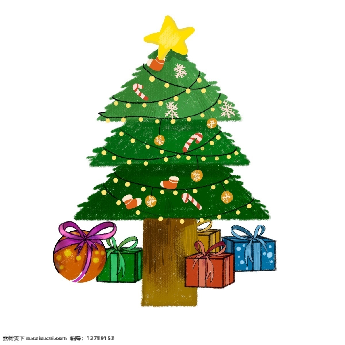 彩绘 圣诞节 圣诞 礼物 圣诞树 彩色 节日元素 psd设计 插画元素
