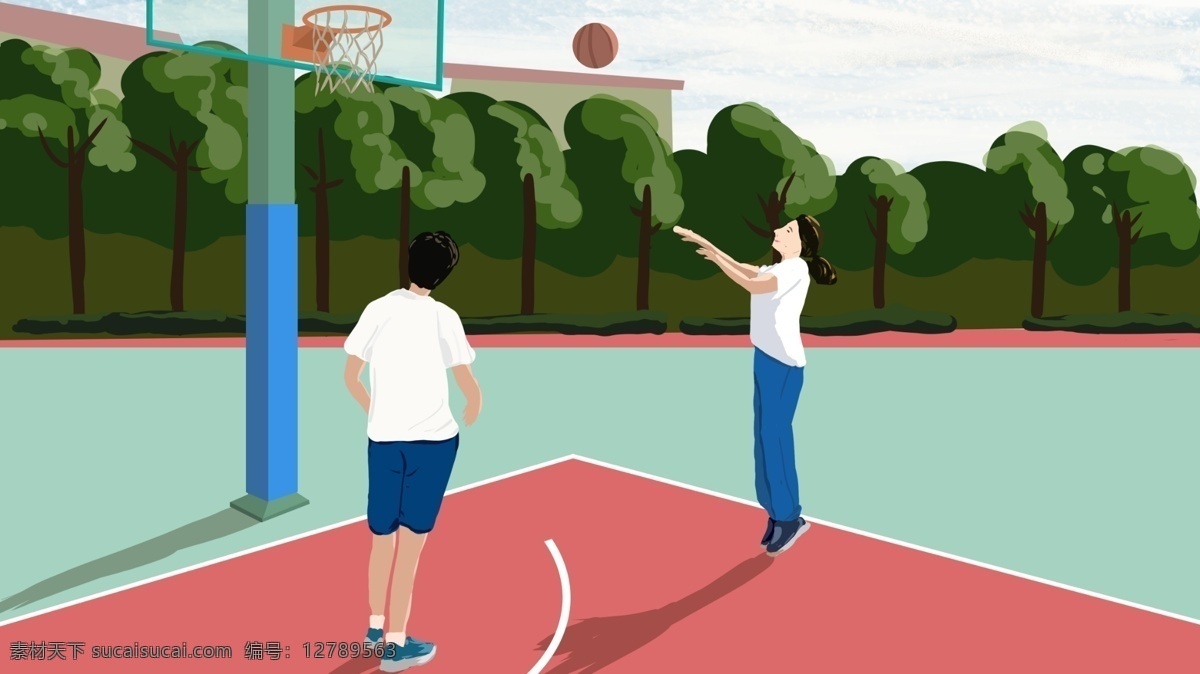 原创 高中 课余 篮球 情侣 时光 插画 校园 爱情 青春 打篮球