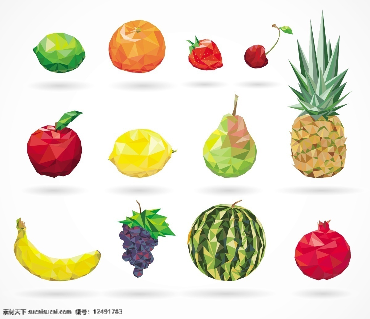 几何水果 柠檬 橙子 樱桃 草莓 苹果 梨子 菠萝 香蕉 葡萄 西瓜 石榴 多边形水果 水果图标 app图标 手机图标 生物世界 水果 白色