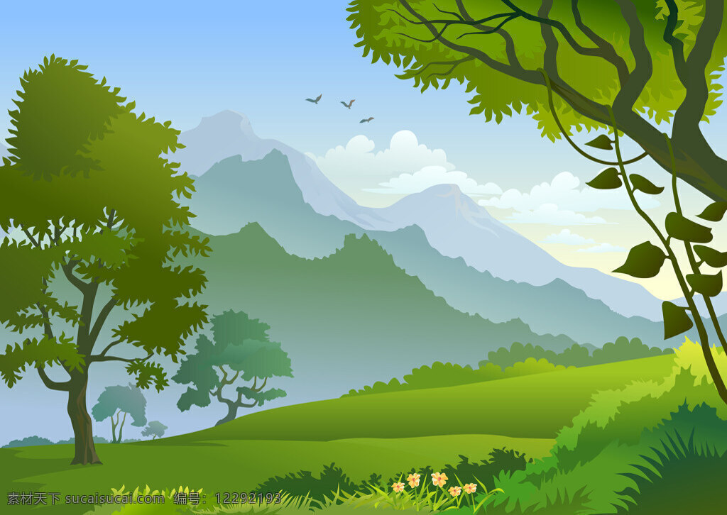 卡通秀丽森林 卡通 自然风景 eps格式 草 风景 湖水 森林 矢量素材 树木 自然景观 绿色