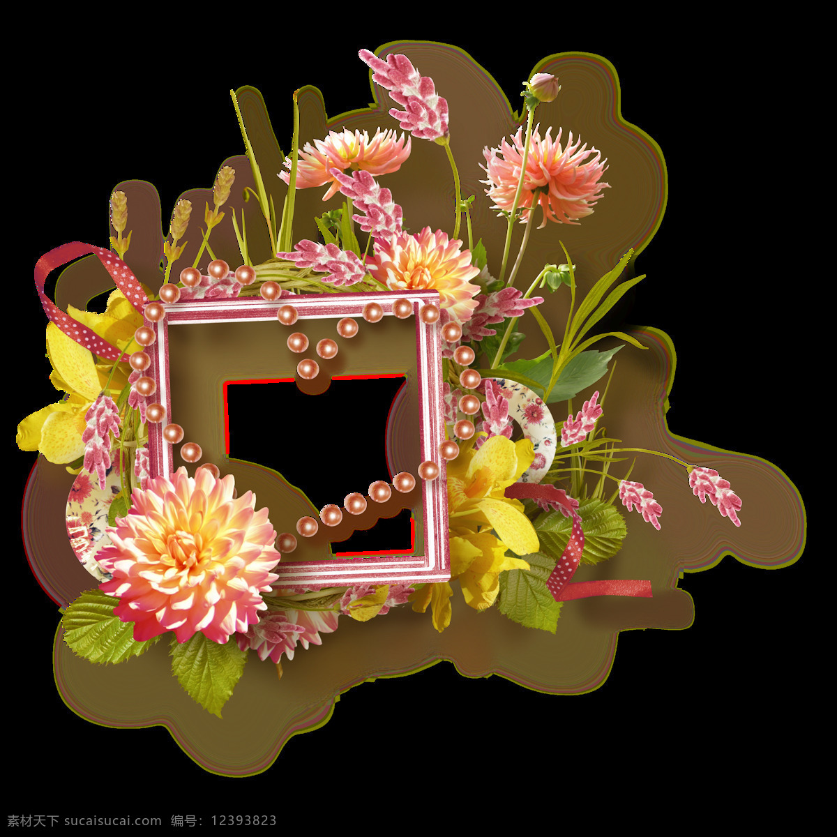 手绘 美丽 花草 树叶 框架 透明 菊花 丝带 黄花 绿叶 透明素材 免扣素材 装饰图片