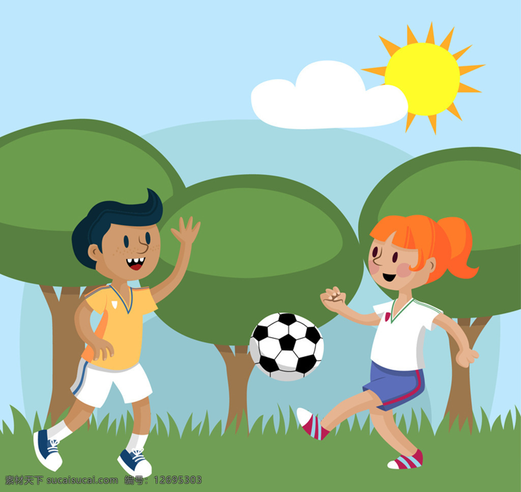 踢 足球 男孩 女孩 矢量图 踢足球 户外 运动 太阳 树 青色 天蓝色