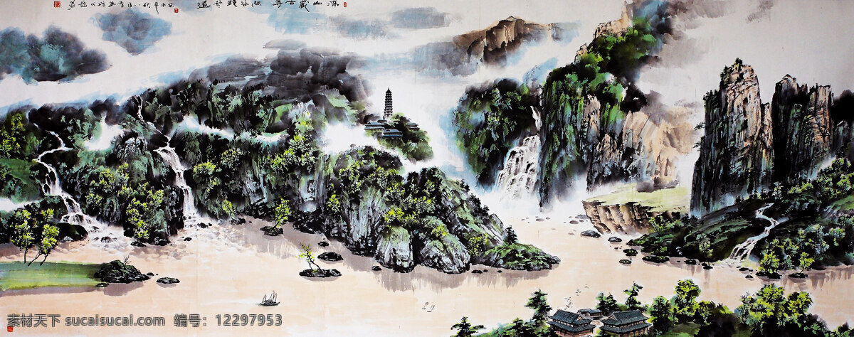彩墨画 船只 古塔 国画艺术 绘画 绘画书法 美术 瀑布 倦心咏春 中国画 山水画 山岭 山峰 江流 楼阁 树木 云雾 书法 印章 国画集33 文化艺术 装饰素材 雕刻 图案
