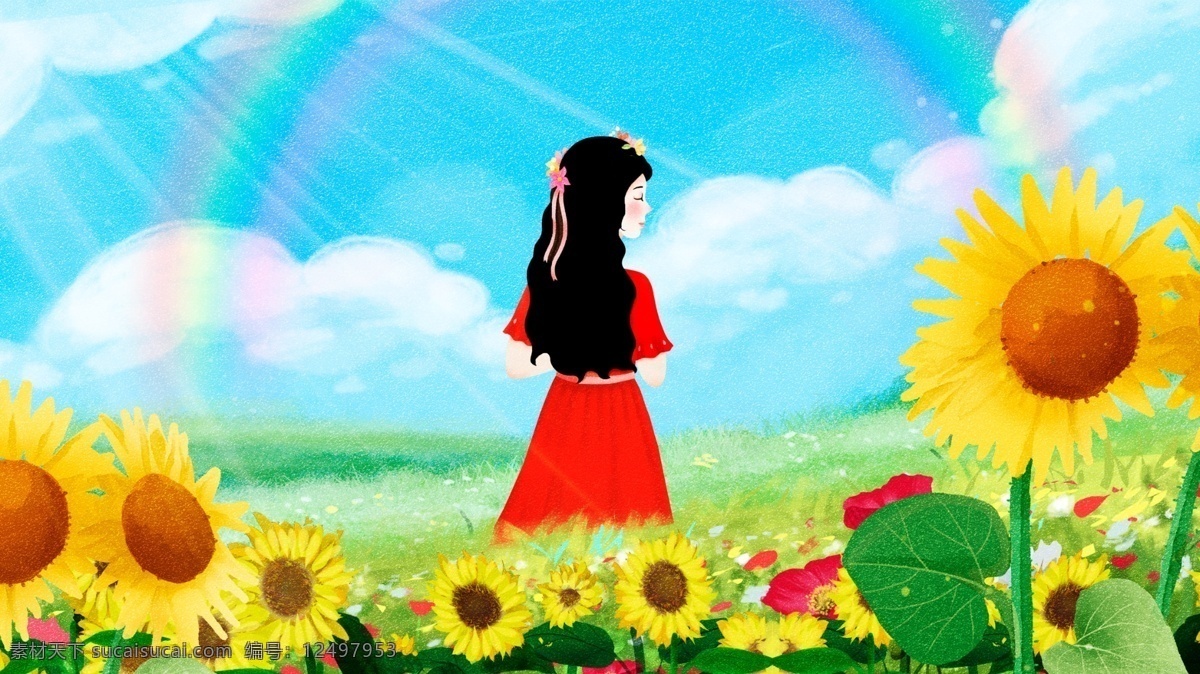 原创 唯美 清新 五月 你好 女孩 向日葵 插画 五月你好 你好五月 女孩向日葵 小清新 朋友圈壁纸 公众号配图 电商配图