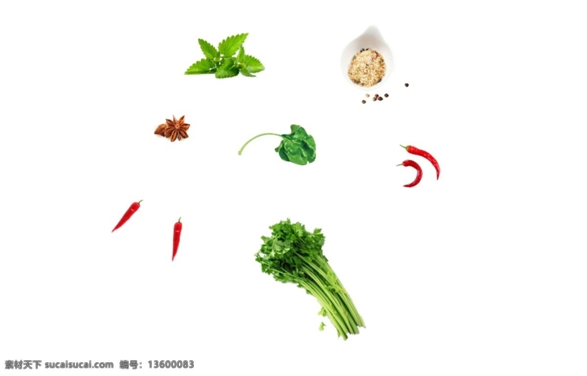 香菜 蔬菜 俯视图 芝麻酱 调味料 花椒 芝麻 食物 辣椒