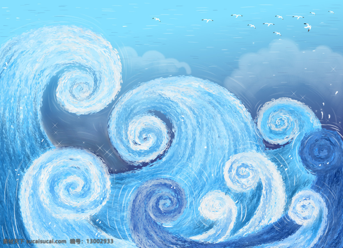 海浪背景 浪花插画 和式风格大图 高清大图 灵感素材 青色 天蓝色