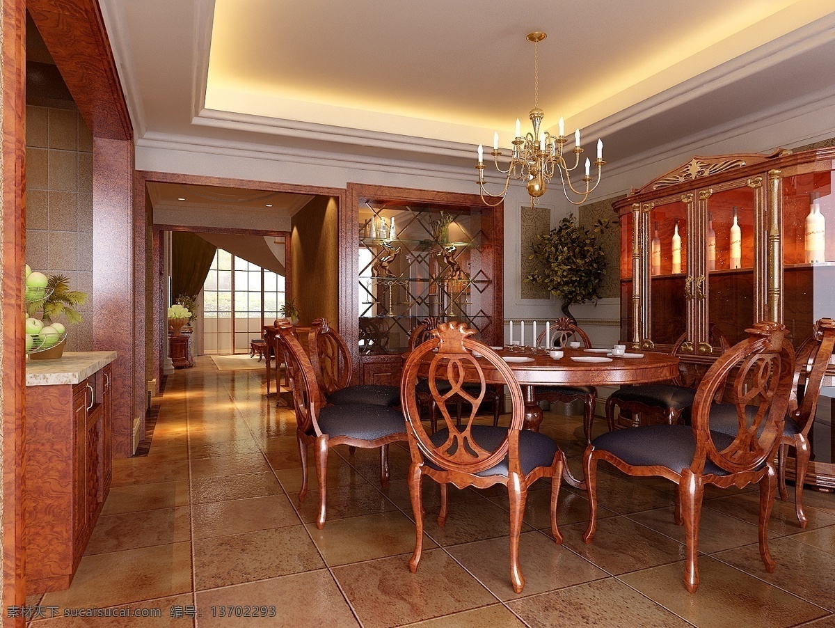 中式餐厅模型 时尚家居 室内设 餐厅模型 桌椅组合 max 棕色