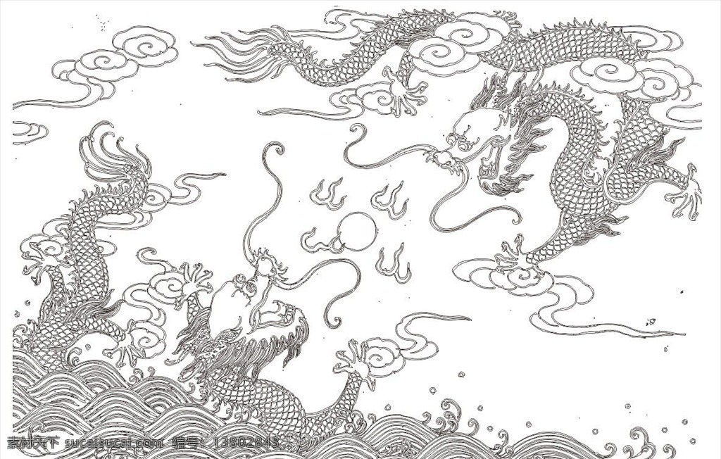 双龙戏珠 二龙戏珠 刺绣 丝绣 龙 龙矢量 龙线条 线条龙 矢量龙 底纹边框 条纹线条