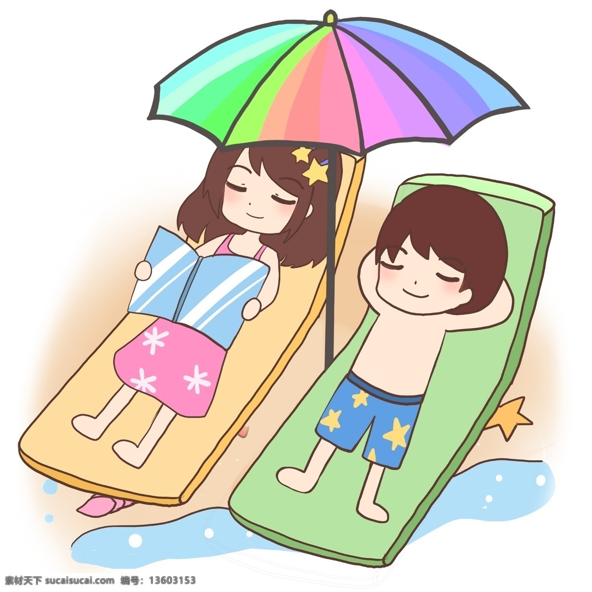 夏日 沙滩 上 晒太阳 夏天 夏季 嬉戏 泳衣 海星 遮阳伞 看书 睡觉 朋友 凉爽 裙子 降暑 玩耍 童趣 避暑 降温