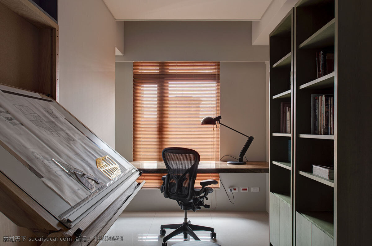 简约 书房 书柜 装修 效果图 白色射灯 窗户 方形吊顶 灰色地板砖 书桌 桌椅