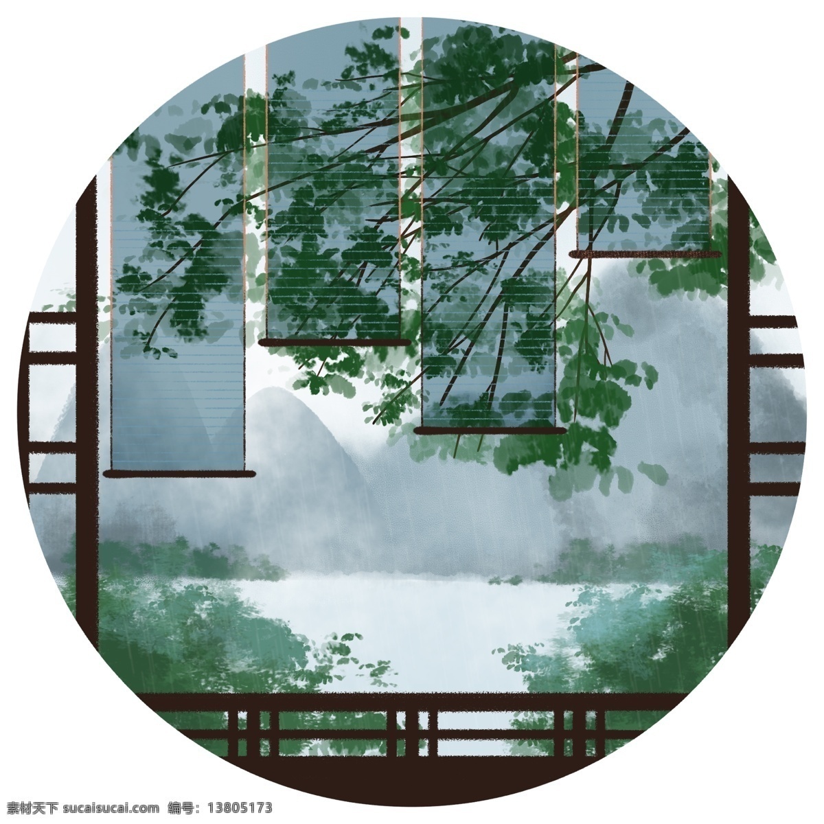 惊蛰 节气 青绿 水墨 中国 风 免 扣 二十四节气 绿色 蝴蝶 植物 春天 树木 叶子 绿叶 绿植 中国风 湖面 灌木