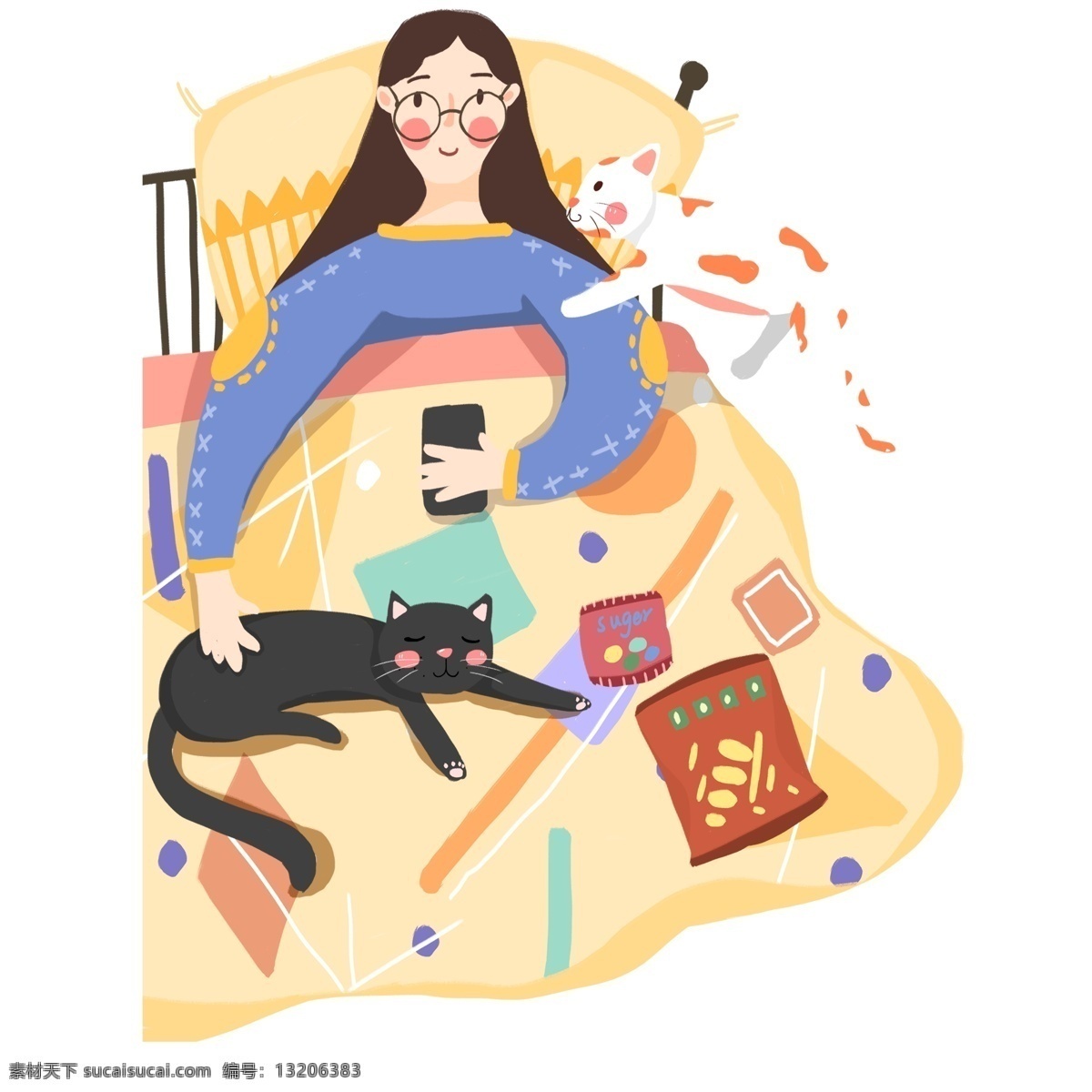 躺 床上 宅 女 人物 温馨 插画 创意 床 猫咪 彩绘 手绘 宅女 宅家 温馨场景 玩手机