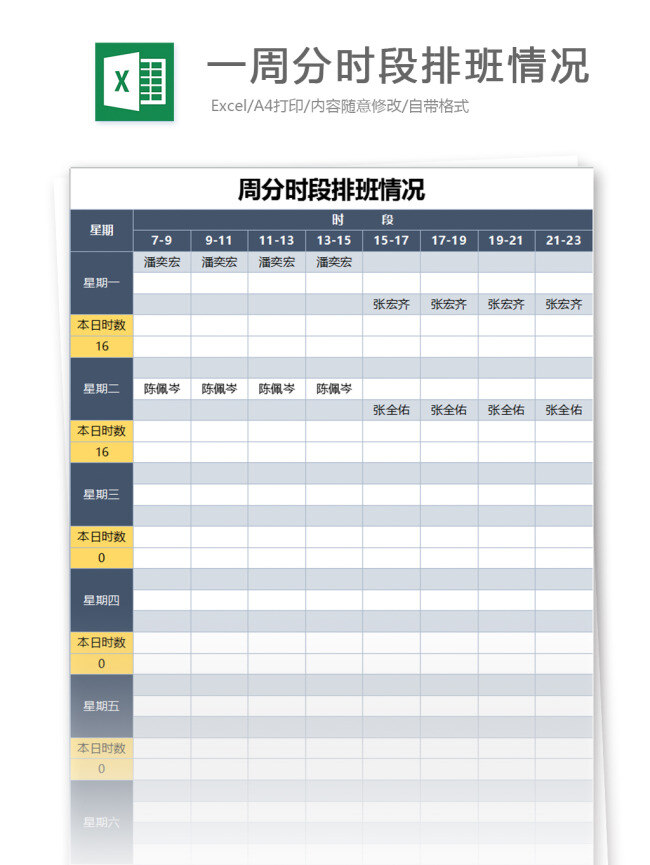 周 分 时段 排班 情况 excel 模板 表格模板 图表 表格设计 表格 员工 人力 明细 值班 值班表 人力资源 hr 自动 安排 排班表 上班 人事报表