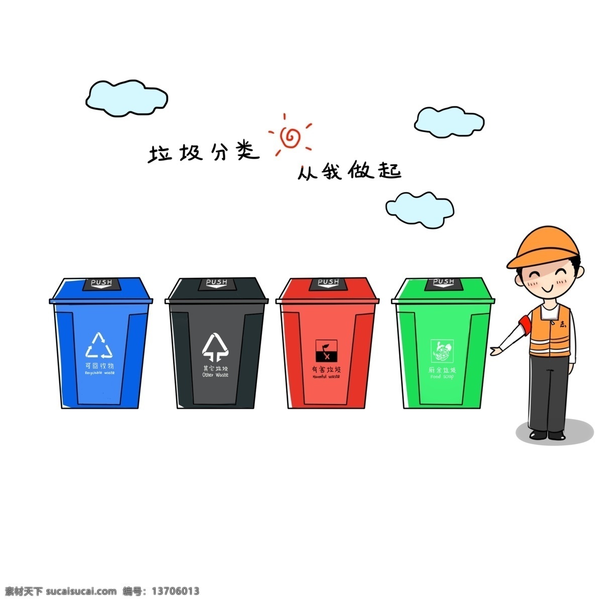 卡通 垃圾 分类 宣传 语 垃圾分类 垃圾桶 垃圾分类图标 装饰图案
