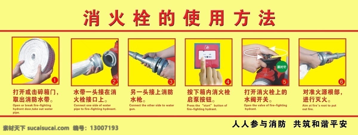 消防栓 使用方法 消防 消防用品 黄色背景 展板模板 广告设计模板 源文件