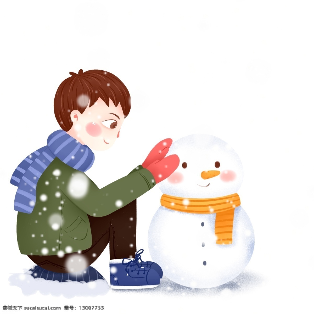 唯美 清新 冬季 大雪 中 堆 雪人 男孩 人物 插画 冬日 堆雪人 堆雪人场景