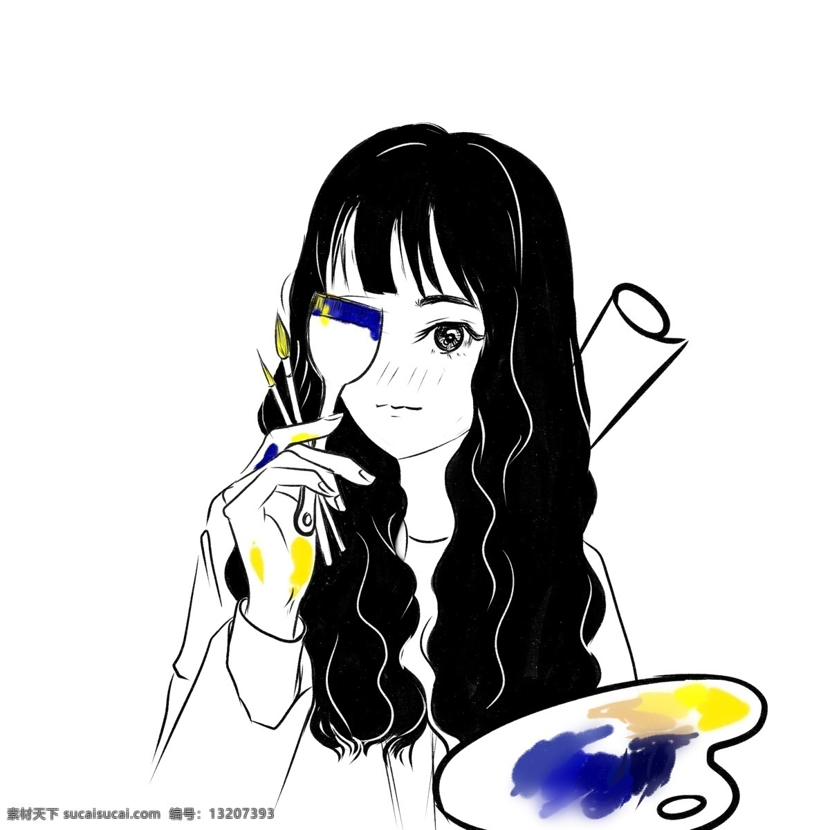 人物 艺术 生 头像 调色盘 画笔 女孩 黑白 动漫卡通 动漫 卡通 艺术生 艺考 画画 水彩 手绘 酷炫 女生 写生