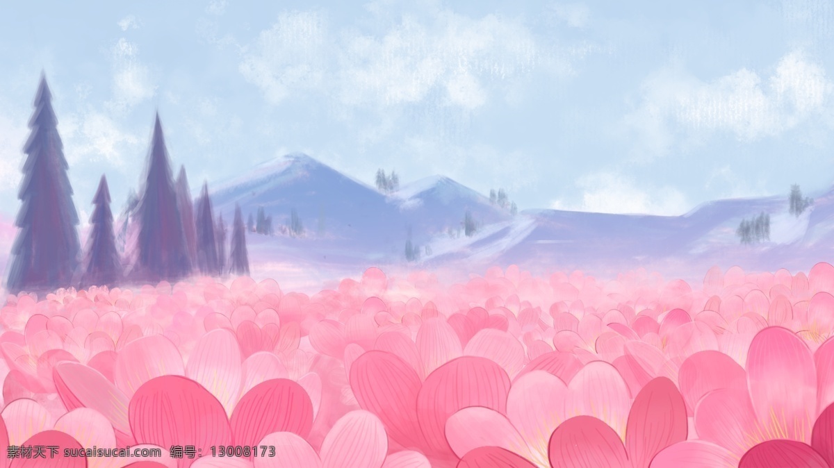 浪漫 花海 风景 插画 背景 花朵背景 鲜花 手绘背景 广告背景 花卉 清新背景 浪漫花海