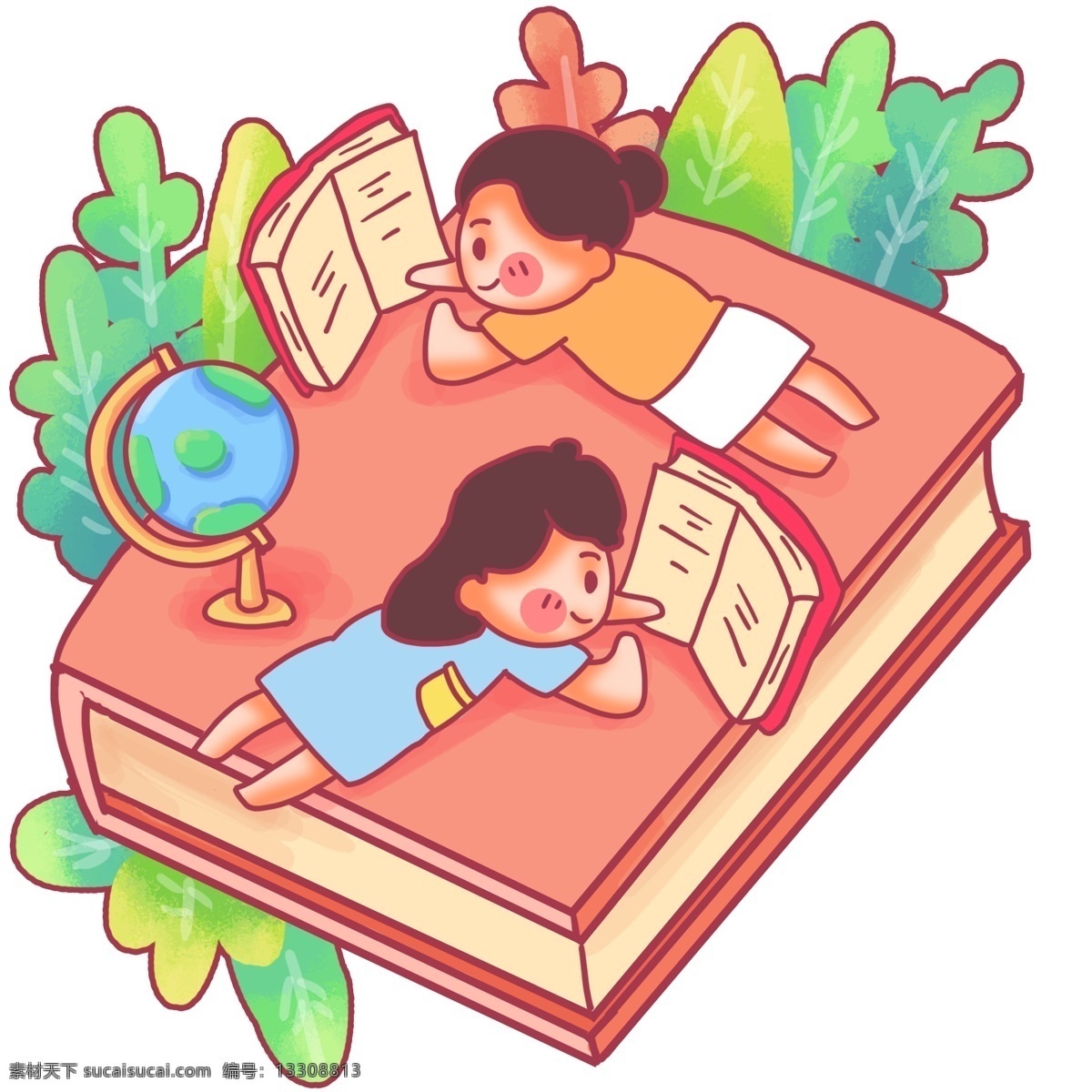 趴 小伙伴 一起 看书 趴着 开心 夸大场景 夸张 世界读书日 读书 阅读 书本 学习 知识 4月23日 认真 创意 卡通 萌 绿叶 绿色 书籍