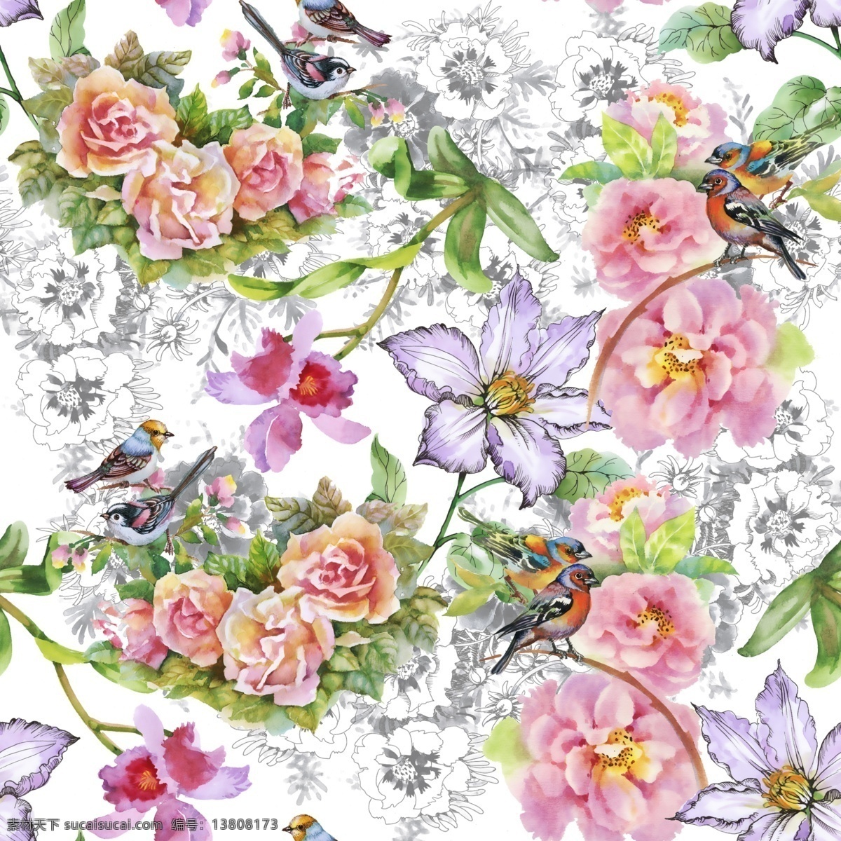 手绘花 花朵 花卉 数码印花 玫瑰花 叶子女装花型 花 小碎花 小花 分层