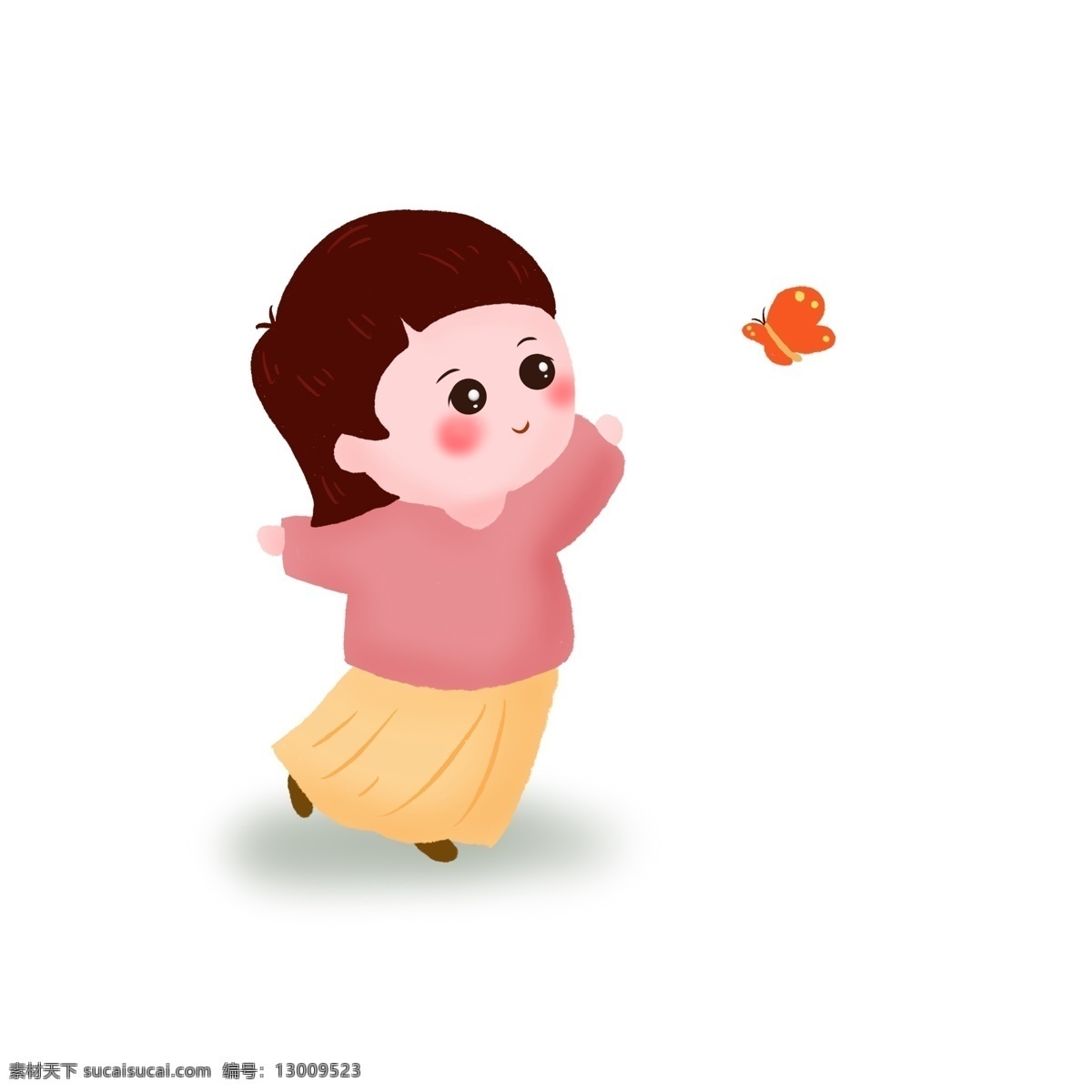 追 蝴蝶 小孩子 卡通小女孩 红色上衣 黄色裙子 可爱小孩子 红色蝴蝶 嬉戏 童年