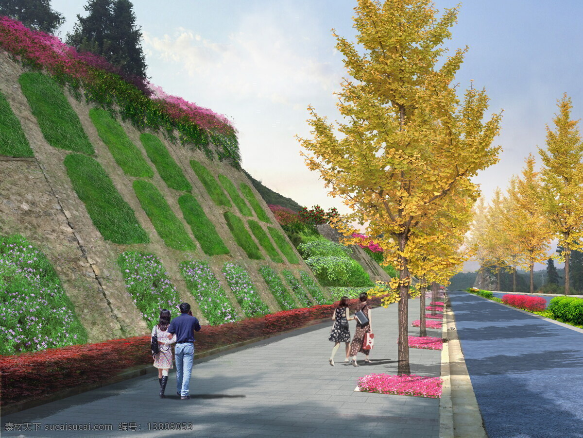 道路绿化图片 道路绿化 边坡格构 行道树 提档升级 斜坡绿化 道路两侧绿化 环境设计 景观设计