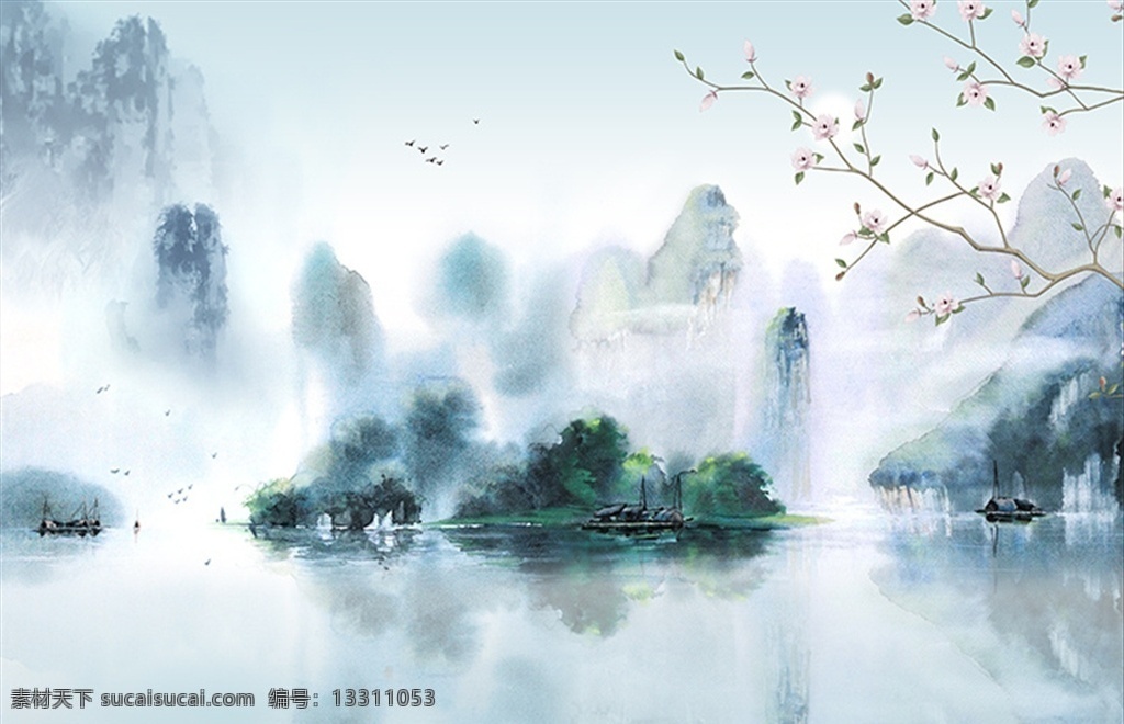 新 中式 玉兰 山水 背景 墙 新中式 水墨山水 分层素材 背景墙 分层