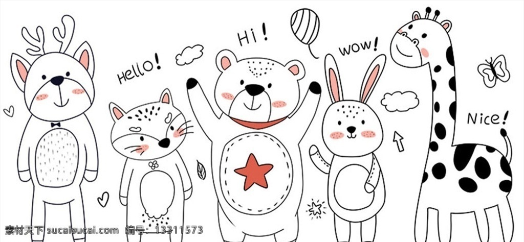 可爱 简 笔画 小 动物 墙纸 卡通 插画 儿童画 小动物 长颈鹿 兔子 熊 狐狸 动物插画 海报 卡通设计