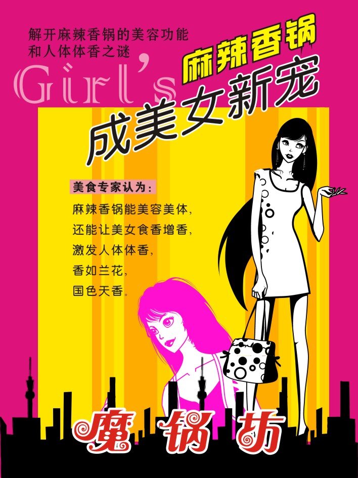 魔锅坊海报 麻辣香锅 火锅 红色 卡通美女 黄色