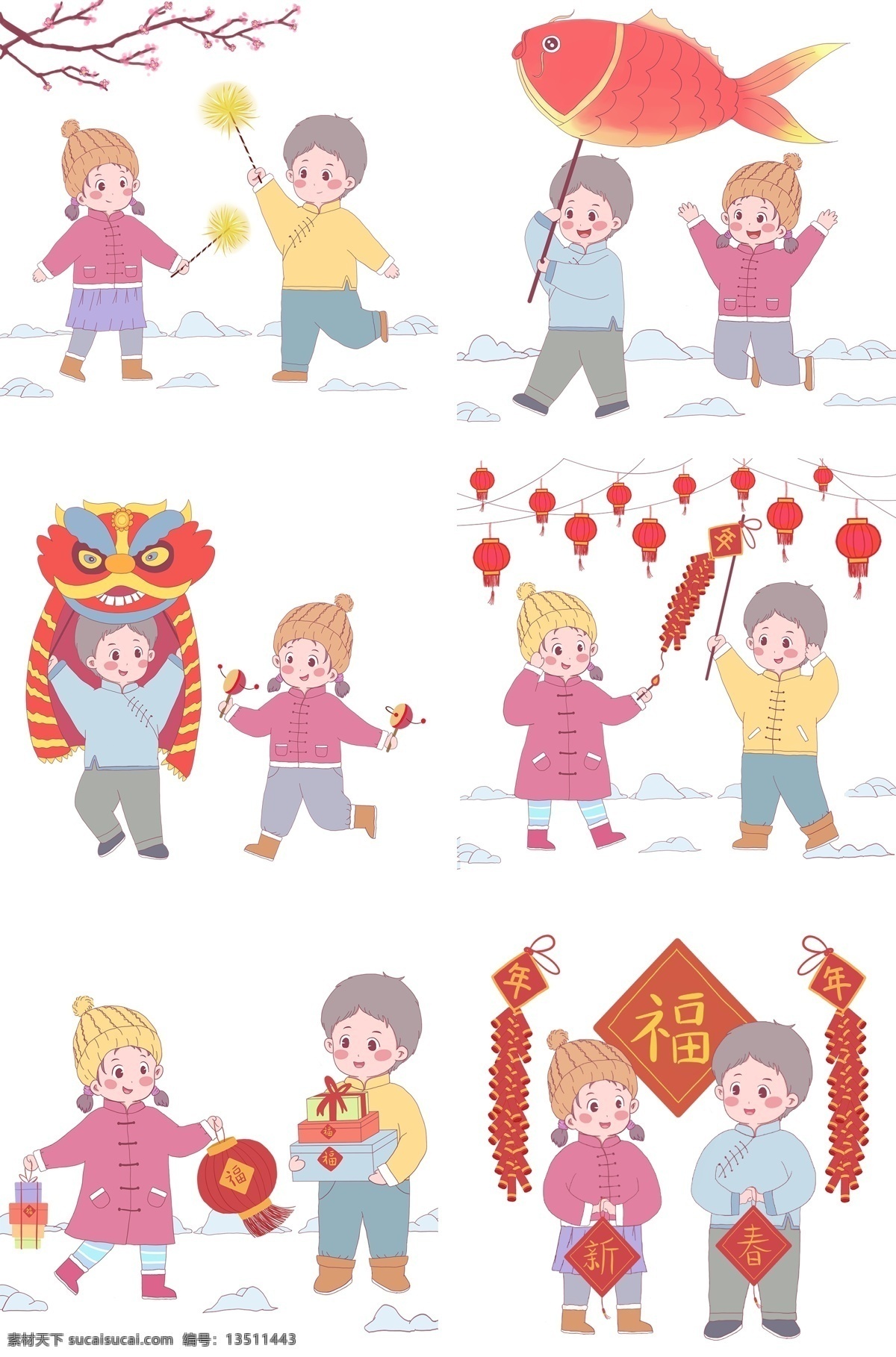 新年 2019 年 过年 中国 年过 节 习俗 男孩 女孩 中国传统 雪景 卡通 装饰画 2019年 中国年 中国唐装 文化习俗 放烟花 梅花 男孩女孩系列