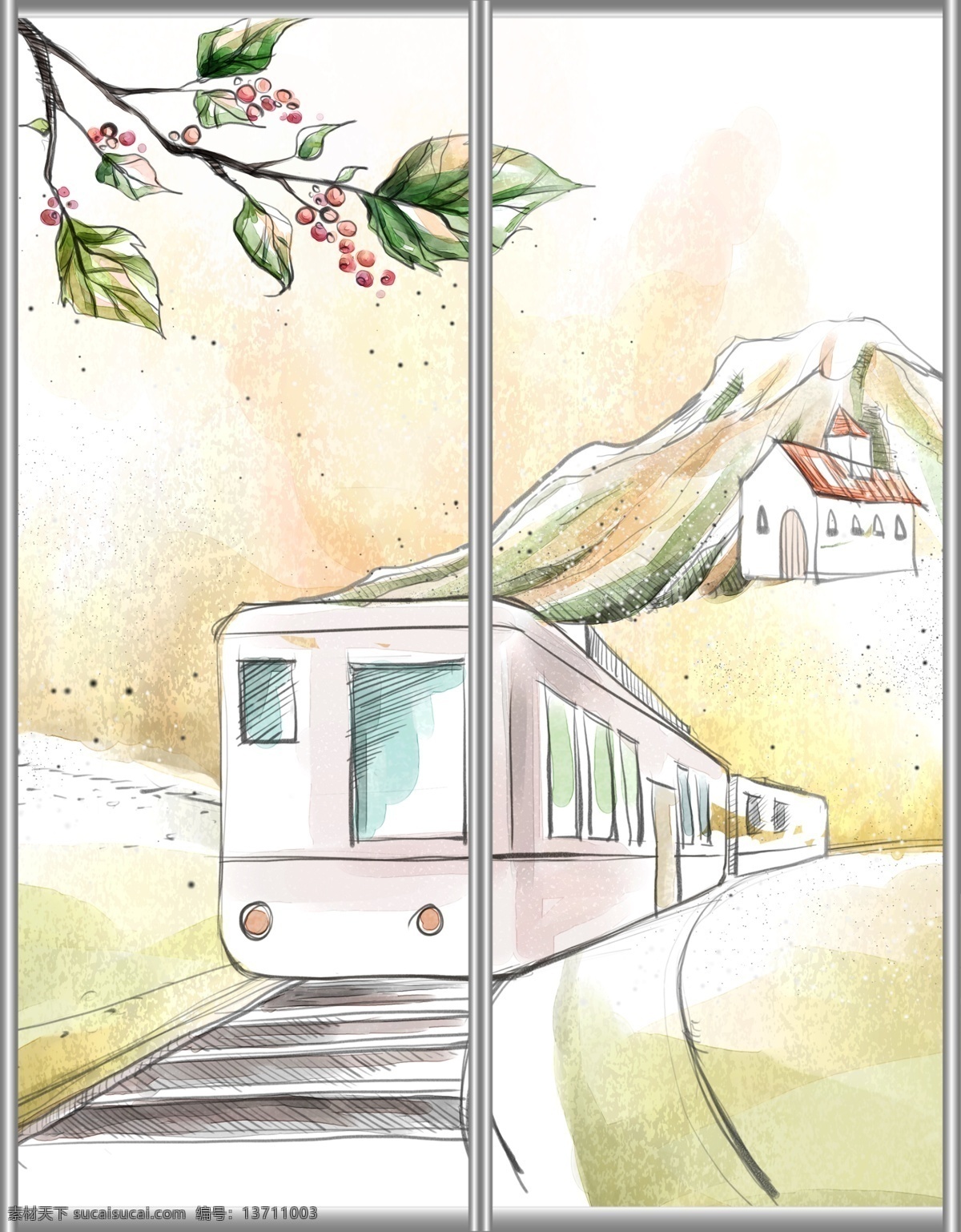 插画 房子 风景 广告设计模板 火车 人家 山峰 手绘 移门图案 移门汇 移门 移门图 树叶 水彩 源文件 家居装饰素材