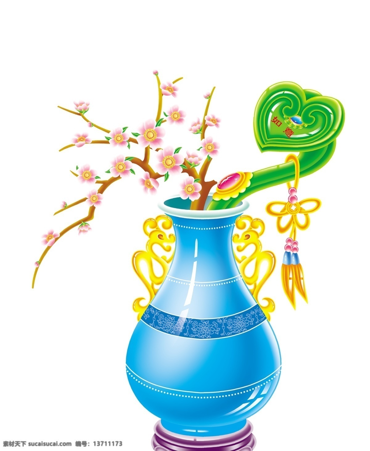 如意棒 花瓶 中国结 桃花 玫瑰花 年画 卡通花瓶 分层 源文件