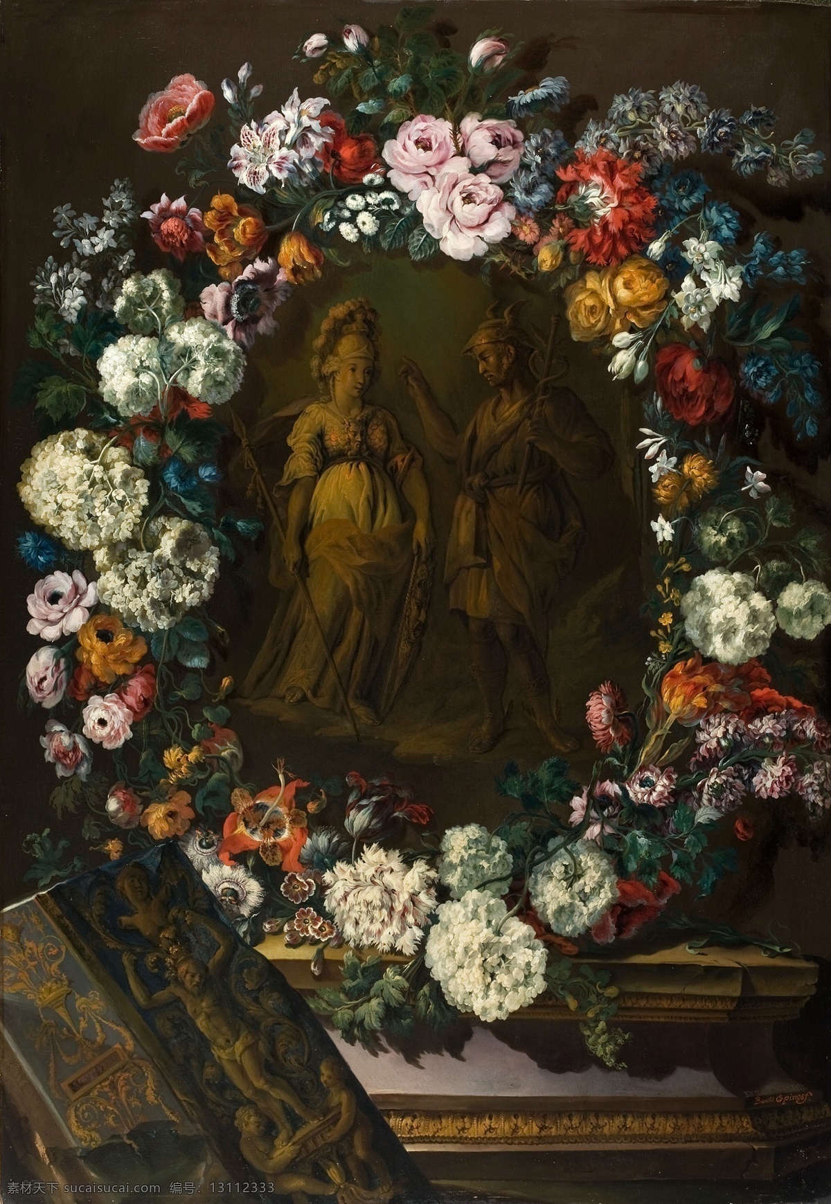 花卉 水果 蔬菜 器皿 静物 印象 画派 写实主义 油画 装饰画 minerva y mercurio con flores de guirnalda benito espinos 荷花 玫瑰 百合 鲜花 实物 装饰素材