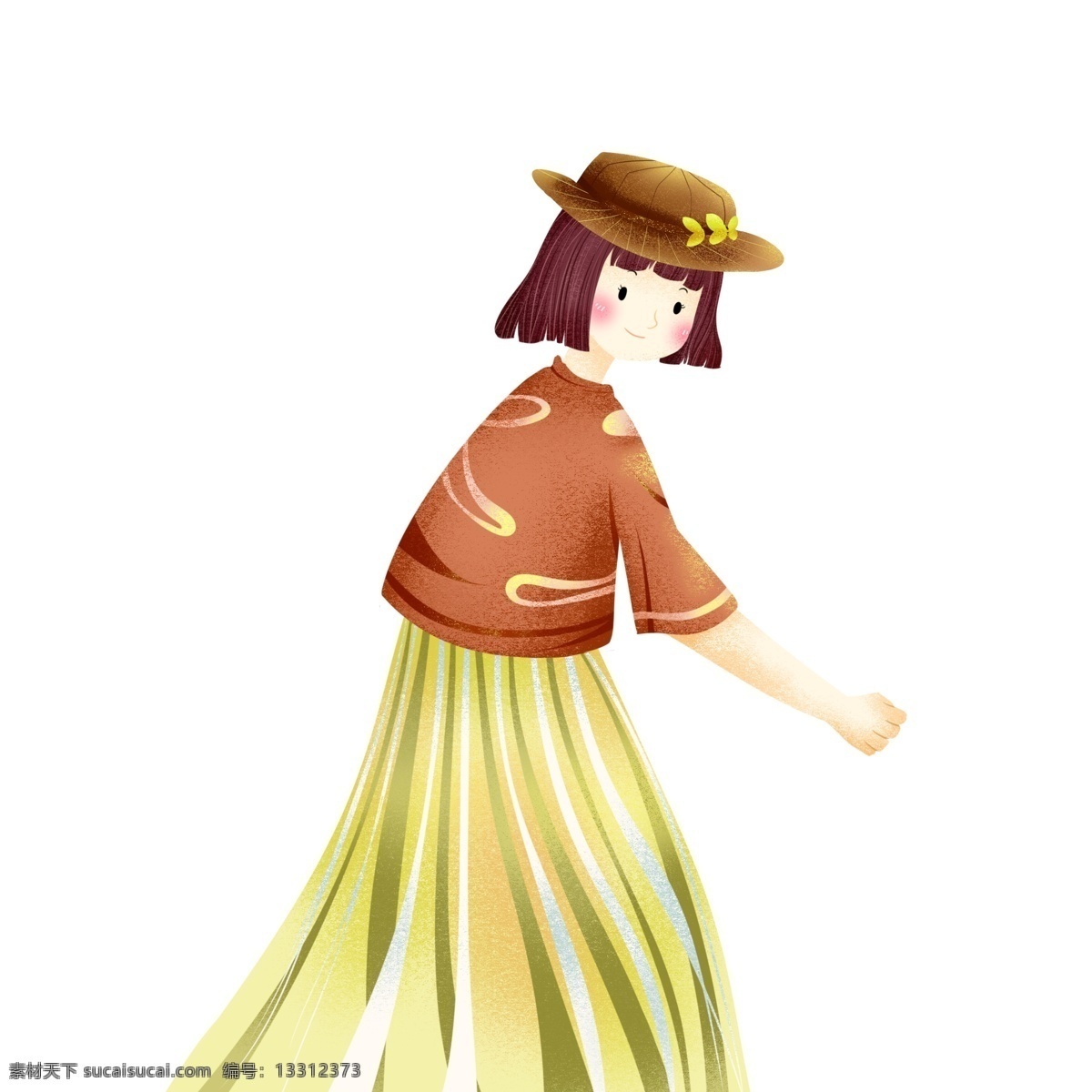 戴 帽子 女孩 图案 元素 卡通人物 长裙女孩 设计元素 手绘元素 psd元素 免抠元素