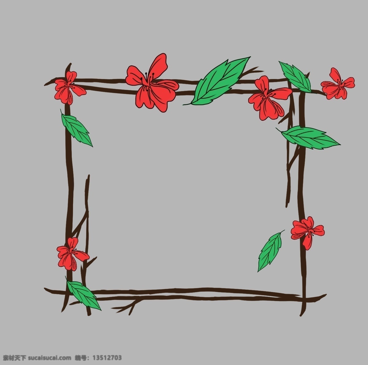 卡通 红色 花朵 边框 卡通边框 红色花朵边框 正方形边框 边框装饰 植物边框 绿叶装饰 叶子边框