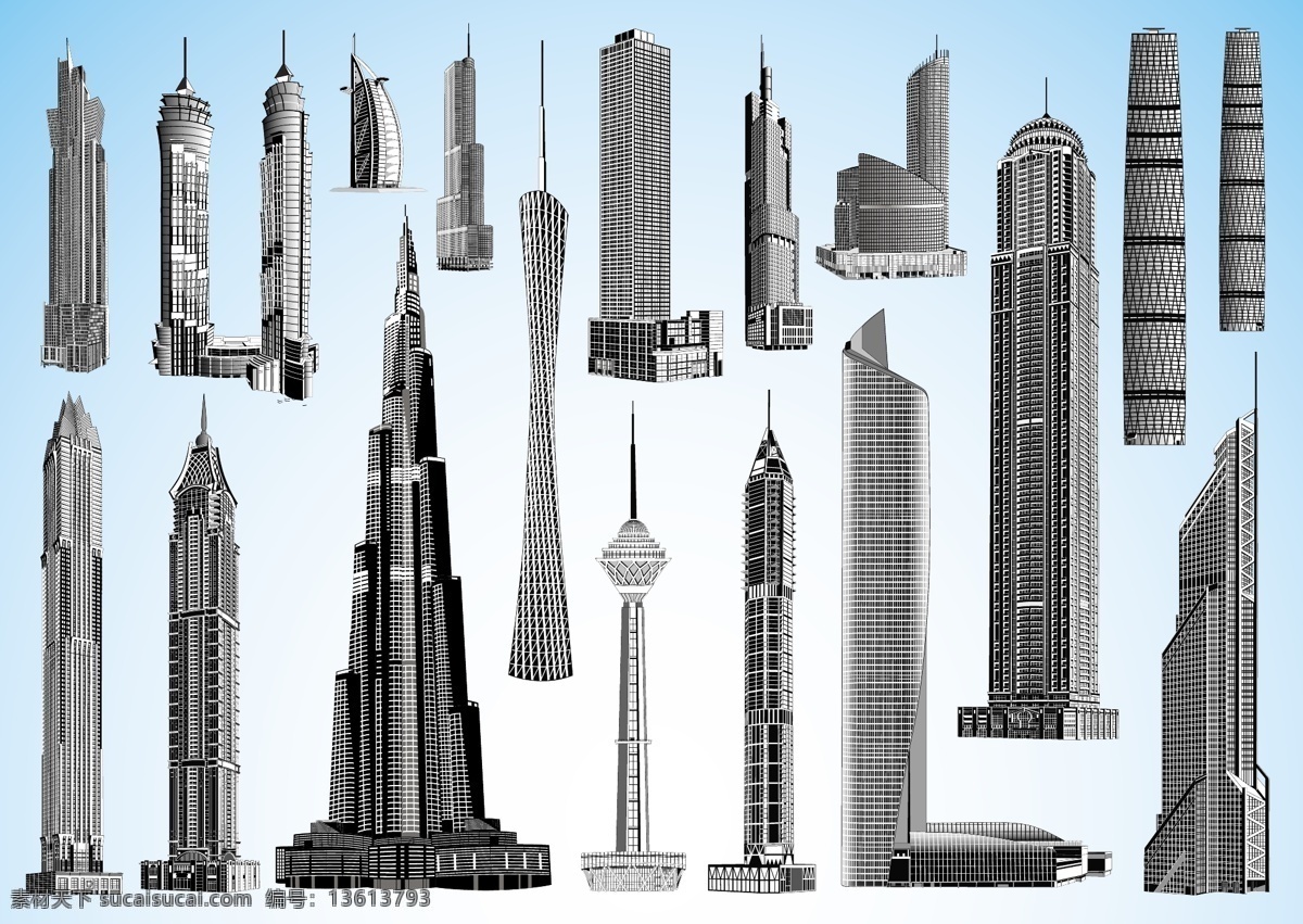 矢量 世界 著名 高层建筑 建筑 酒店 塔 珍珠 中心 矢量图 其他矢量图