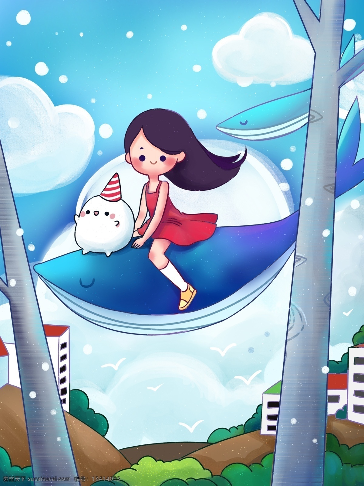 儿童节 开心 女孩 梦想 起航 女生 鲸鱼 创意 蓝天 白云 天空 村庄 树木 卡通 可爱 插画